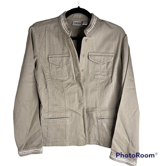 Chico’s Khaki Beaded Jacket Size 0 - Picture 1 of 10